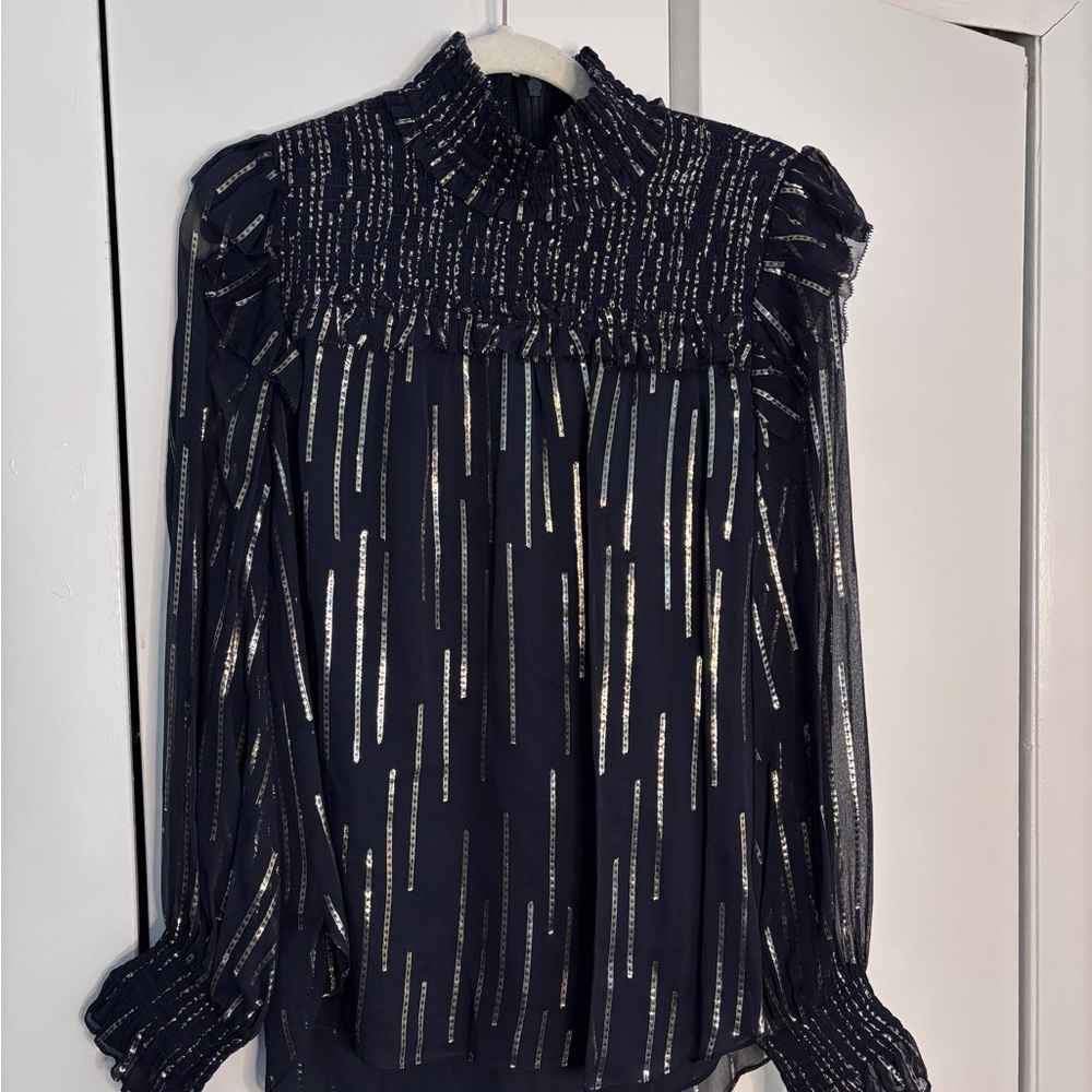 Elie Tahari Black & Gold 🐝 metallic ribbon bib Blouse - Picture 3 of 13